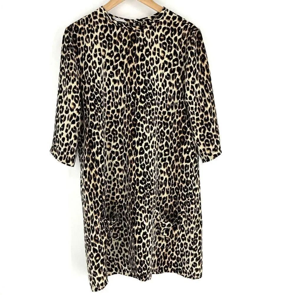 Equipment Femme Dress Size Medium Brown Aubrey Silk Leopard Print Shift Pockets